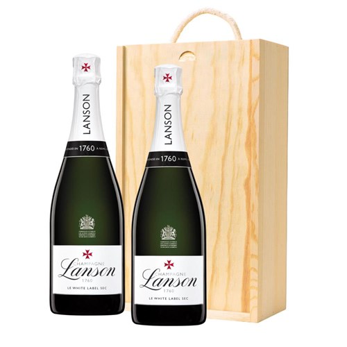 Lanson Le White Label Sec Champagne 75cl Double Pine Wooden Gift Boxed (2x75cl)